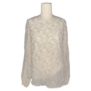 Sail to Sable Gold & Silver Design on Champagne Sheer Silk Long Sleeve Blouse